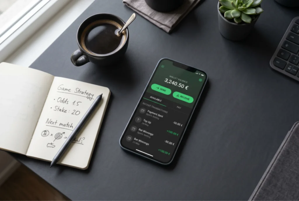 Smartphone met digitale portemonnee app voor sportweddenschappen op een bureau