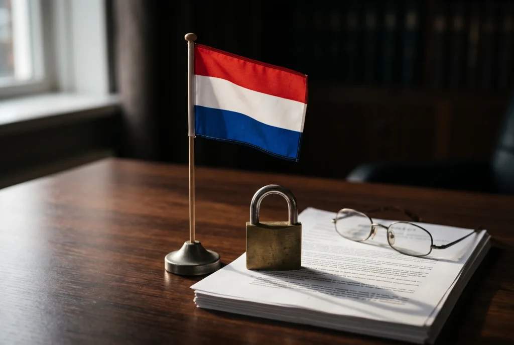 Nederlandse vlag naast een gesloten hangslot als symbool voor gereguleerde kansspelmarkt