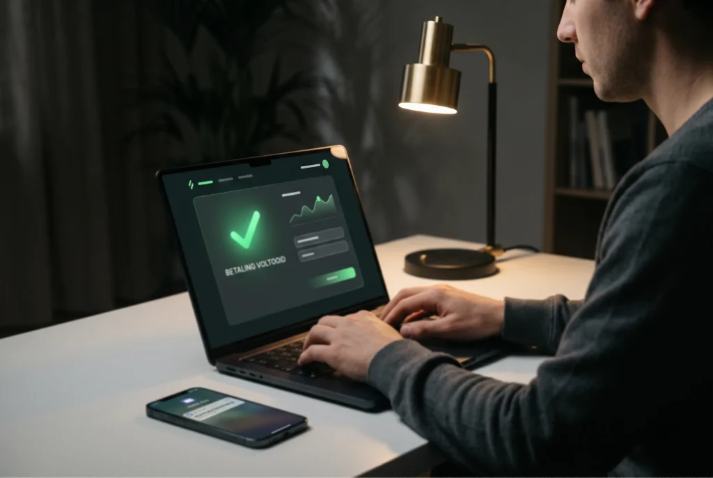 Persoon gebruikt laptop voor online transactie bij een wedkantoor