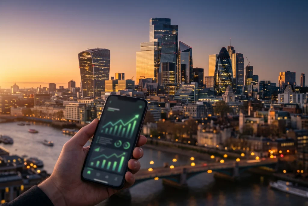 Moderne stadssilhouet met digitale betalingssymbolen die groei van e-wallets visualiseren